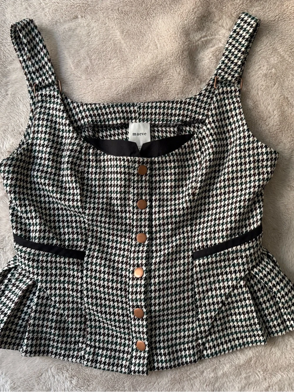 Anthropologie Black and White Houndstooth Button-Front Cropped Top - Picture 2 of 12
